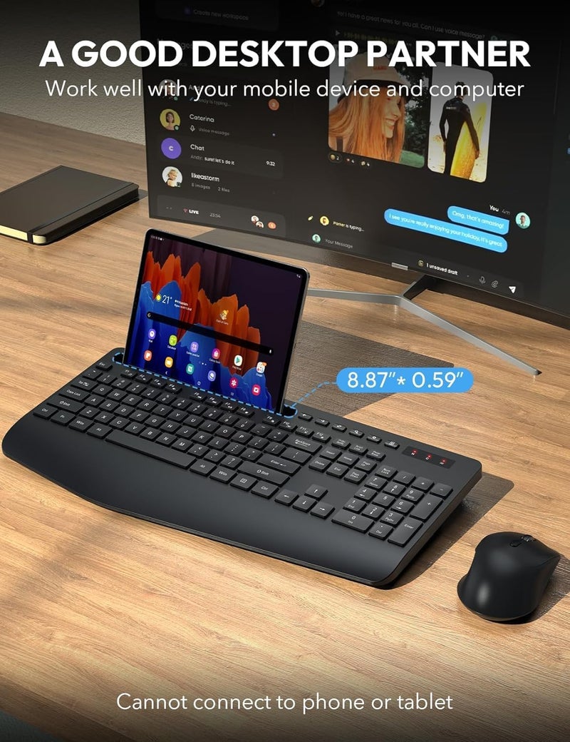 SABLUTE Wireless Keyboard and Mouse Combo - Full Size Ergonomic Wrist Rest, Silent Typing, Phone Holder, 2.4 GHz, 3 Level DPI, Batteries Powered, Compatible with PC, Laptop, Windows, macOS - Image 3